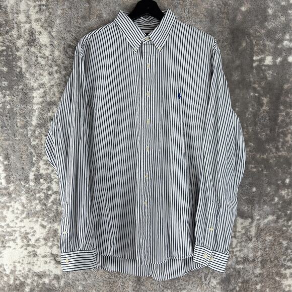 Ralph Lauren Size 17.5 XL Custom Fit Striped Casual Button Shirt White Navy - Picture 1 of 8